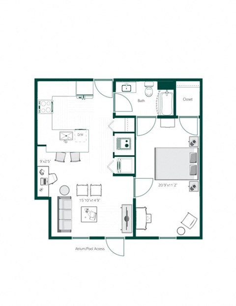 Floor plan for 1 bed, 1 bath, 846 sqft